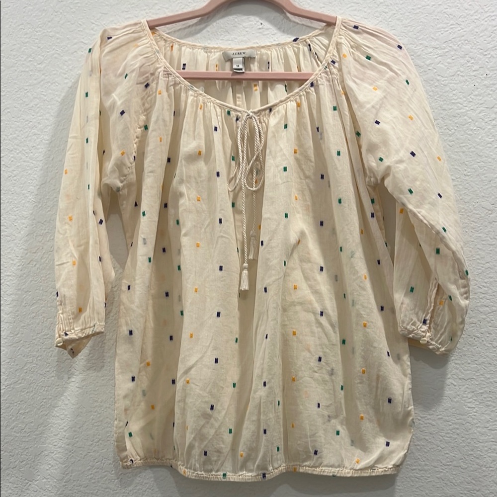 J.Crew Blouse Large Chambray Dot Peasant Tassel Top Multi‎ Color XS
